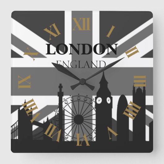 非常カッコいいトレンディーブラックグレーロンドンユニオンジャック スクエア壁時計 (正面)