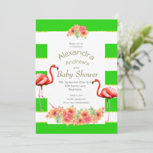 非性熱帯緑の赤ちゃんストライプシャワー 招待状 (スタンド正面)