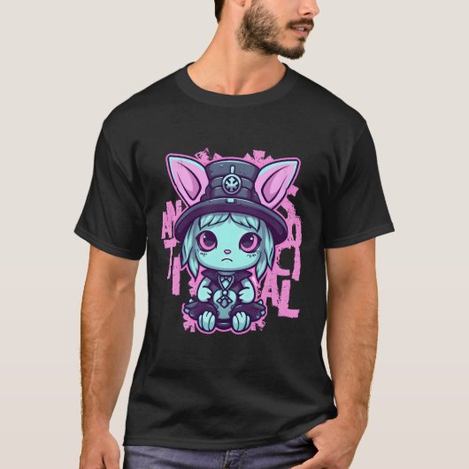 非社交的かわいいパステルゴス猫ゴシックヘラ Tシャツ (正面)