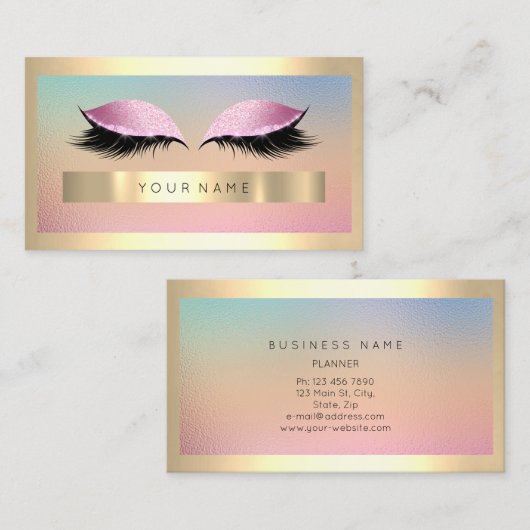 面取り金ゴールドフレームグラデーションメタルピンクローズメイク 名刺 (正面/裏面)