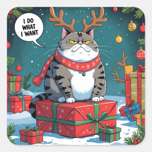 面白いおこった猫のクリスマスデザイン - 太った猫 スクエアシール (正面)
