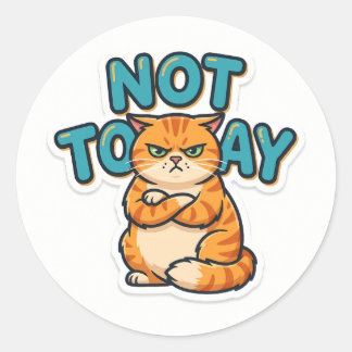 面白いおこった猫のプリントTシャツ「今日はダメ」 ラウンドシール