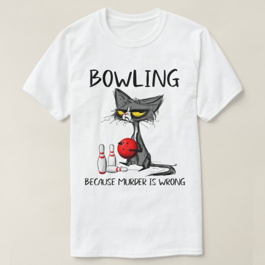 面白いおこった猫のボウリングのユーモアデザイン Tシャツ (デザイン正面)