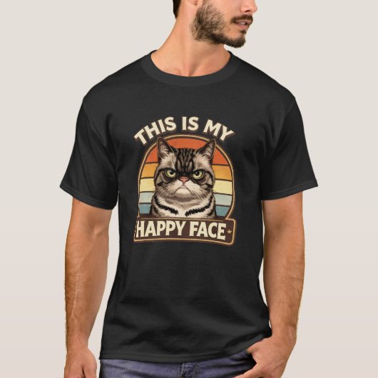面白いおこった猫の「幸せな顔」ヴィンテージ Tシャツ (正面)