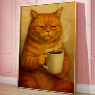 面白いおこりんぼ猫のコーヒーポスター ビンテージオイルアート ポスター