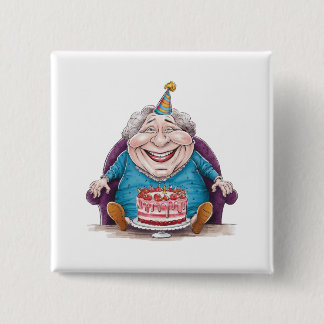 面白いおばあちゃんの巨大ケーキと現金ギフト 缶バッジ