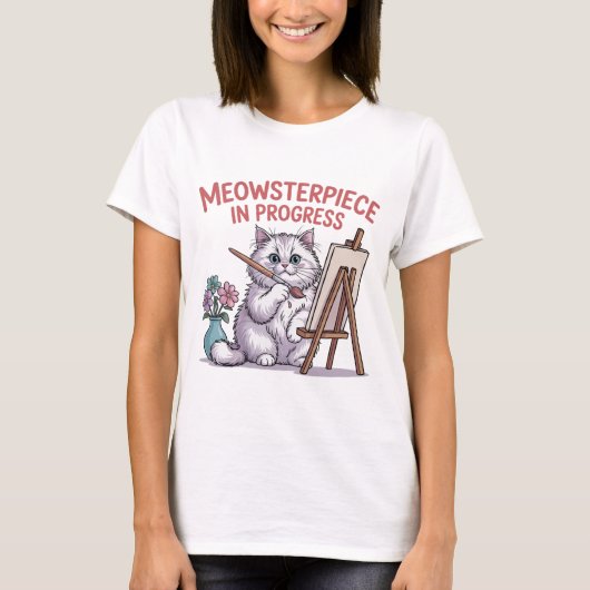 面白いふわふわ猫アーティスト画家猫ママ Tシャツ (正面)
