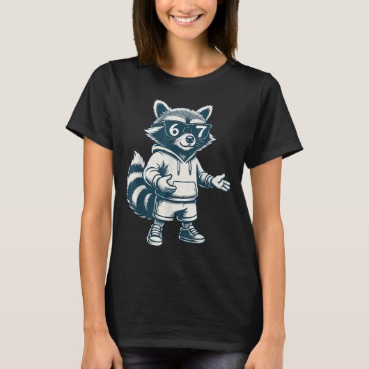 面白いアライグマ 67 ミーム 六 七 Tシャツ (正面)