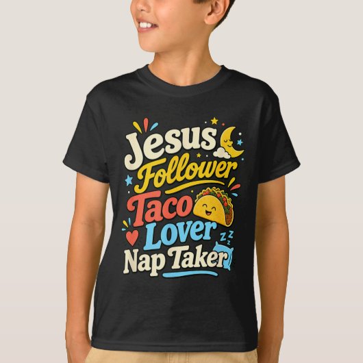 面白いイエスの信者タコス昼寝恋人 Tシャツ (正面)