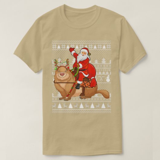 面白いウォンバット好きのサンタがウォンバットに乗った醜いクリスマス Tシャツ (デザイン正面)