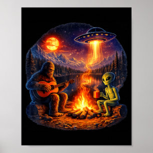面白いエイリアンとビッグフットのキャンプファイヤームーンUFO ポスター