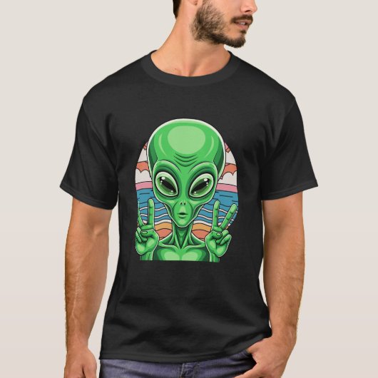 面白いエイリアンピースサインエリア51デザイン Tシャツ (正面)