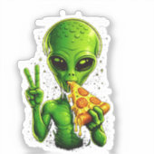 面白いエイリアンヘッドがピザを食べるUFO シール (正面)