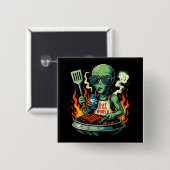 面白いエイリアンBBQイラスト レトロSFグリル 缶バッジ (正面&裏面)