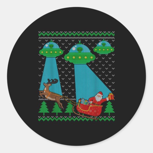 面白いエイリアンUFOサンタソリ ださいクリスマスセーター ラウンドシール (正面)