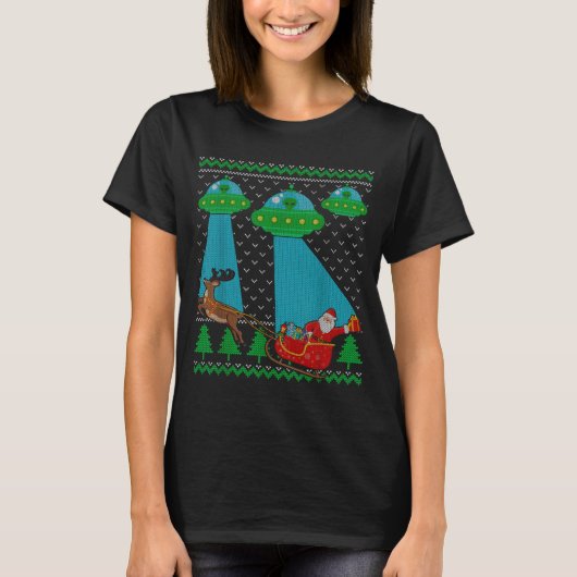 面白いエイリアンUFOサンタソリ ださいクリスマスセーター Tシャツ (正面)