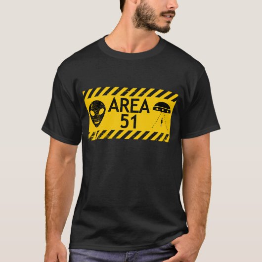 面白いエリア51エイリアン警告サインデザイン ユーモアTシャツ Tシャツ (正面)