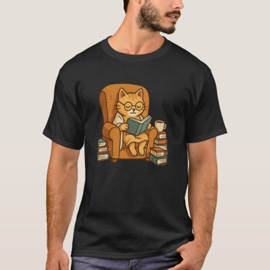 面白いオレンジ色の猫が本を読む Tシャツ (正面)