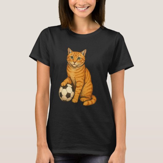 面白いオレンジ色の猫のサッカー Tシャツ (正面)