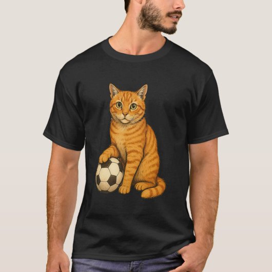 面白いオレンジ色の猫のサッカー Tシャツ (正面)