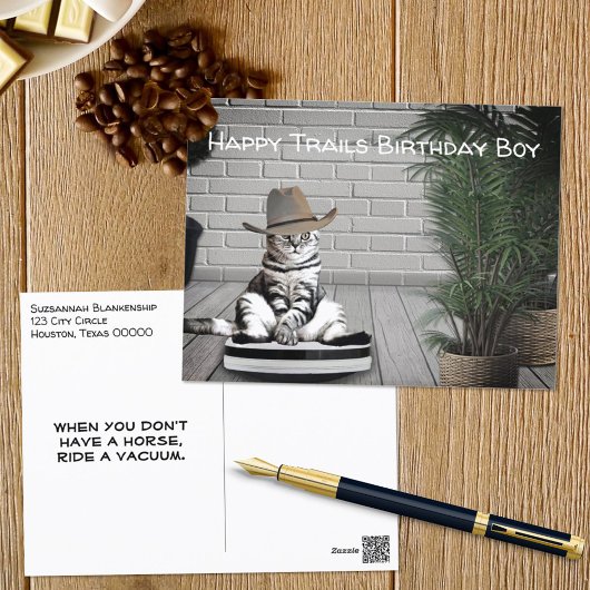面白いカウボーイ帽の猫の掃除機の誕生日カード ポストカード