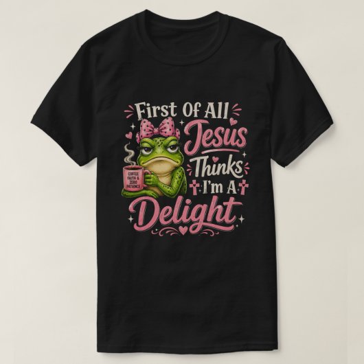 面白いカエル コーヒー 信仰 Tシャツ (デザイン正面)