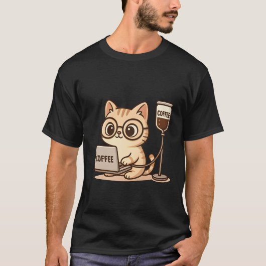 面白いカフェイン愛好家と可愛い猫のTシャツ Tシャツ (正面)