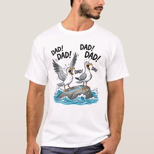 面白いカモメが叫ぶパパ 海岸ユーモアデザイン Tシャツ (正面)