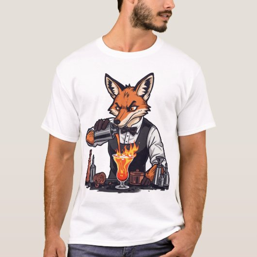 面白いキツネのバーテンダーのTシャツ Tシャツ (正面)