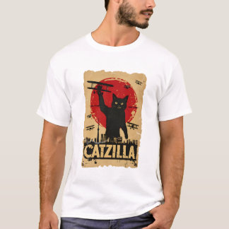 面白いキャットジラ猫、猫パロディ Tシャツ