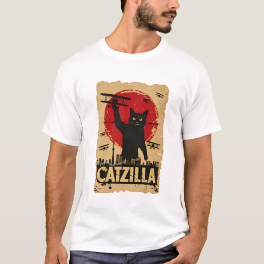 面白いキャットジラ猫、猫パロディ Tシャツ (正面)
