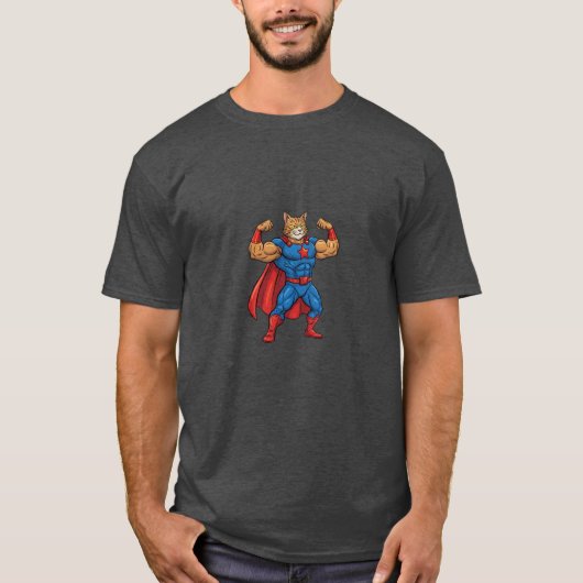 面白いキャラクター猫スーパーヒーロー Tシャツ (正面)