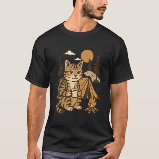 面白いキャンプファイヤーの猫キャンプ Tシャツ (正面)