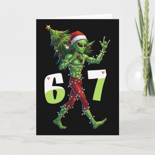 面白いクリスマスのエイリアンシックスセブンメーム 67 サンタ帽子 カード (正面)