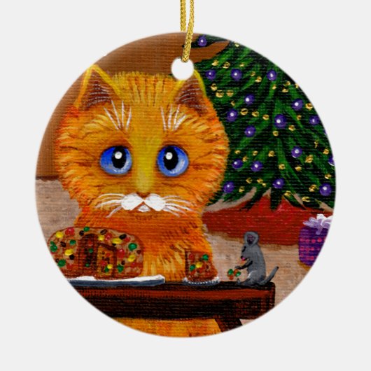 面白いクリスマスのオレンジ色の猫のアート Creationarts セラミックオーナメント (正面)