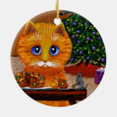 面白いクリスマスのオレンジ色の猫のアート Creationarts セラミックオーナメント (裏面)