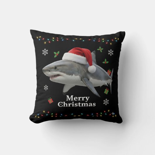 面白いクリスマスのサメサンタ帽子リアルホリデー クッション (正面)