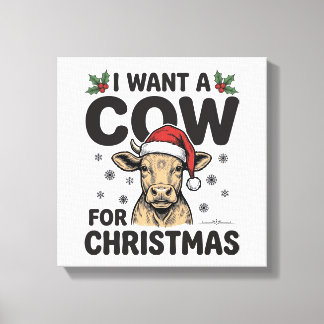 面白いクリスマスの牛ビンテージのホリデーTシャツデザイン１ キャンバスプリント