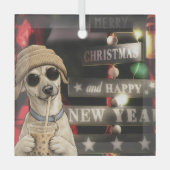 面白いクリスマスの犬のタピオカティー ガラスオーナメント (正面)