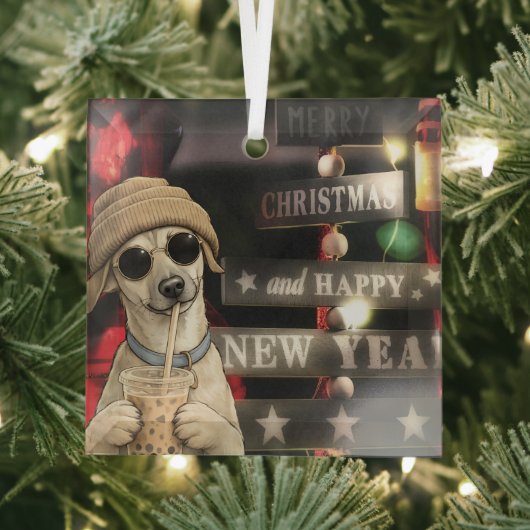 面白いクリスマスの犬のタピオカティー ガラスオーナメント (インサイチュ)