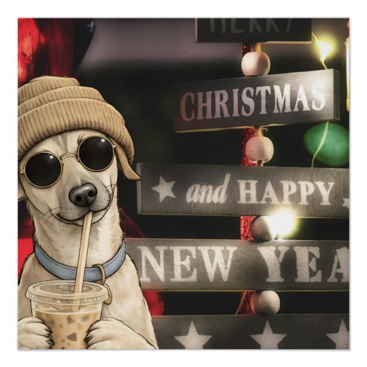 面白いクリスマスの犬のタピオカティー ポスター (正面)