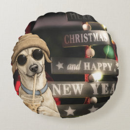 面白いクリスマスの犬のタピオカティー ラウンドクッション