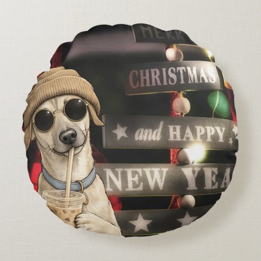 面白いクリスマスの犬のタピオカティー ラウンドクッション (正面)