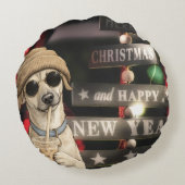 面白いクリスマスの犬のタピオカティー ラウンドクッション (裏面)