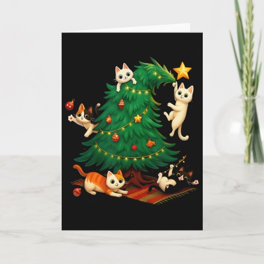 面白いクリスマスの猫が木を登る かわいい猫のXmas H カード (正面)