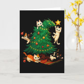 面白いクリスマスの猫が木を登る かわいい猫のXmas H カード (黄色い花)