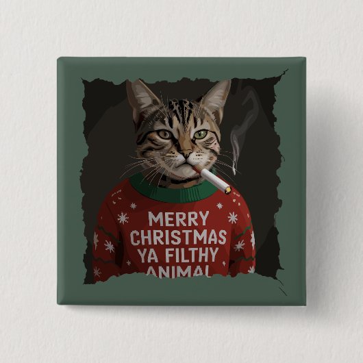 面白いクリスマスの猫の喫煙 皮肉なホリデー・ミーム 缶バッジ (正面)