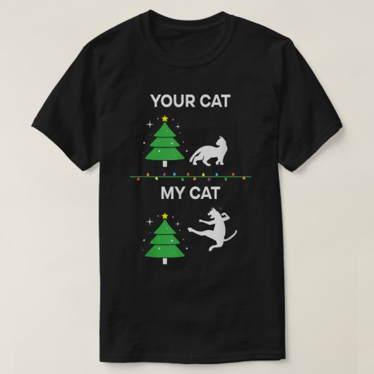 面白いクリスマスの猫の木のミーム あなたの猫 vs 私の猫 tシャツ (デザイン正面)