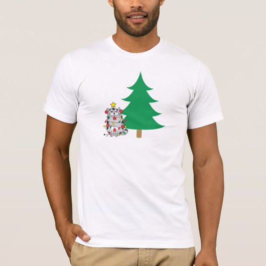 面白いクリスマスの猫の木クリスマスライト Tシャツ (正面)