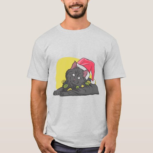 面白いクリスマスの黒猫 Tシャツ (正面)